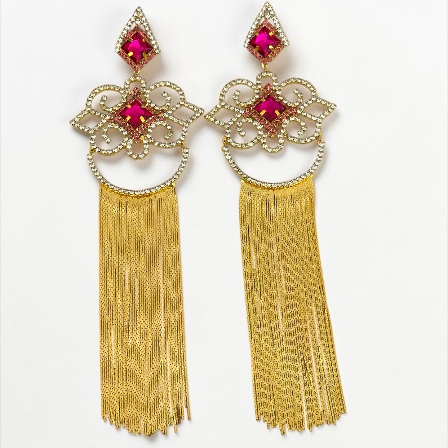 Fuchsia Crystal Tassel Statement Earrings - Fatisha Boutique # Fatisha Boutique