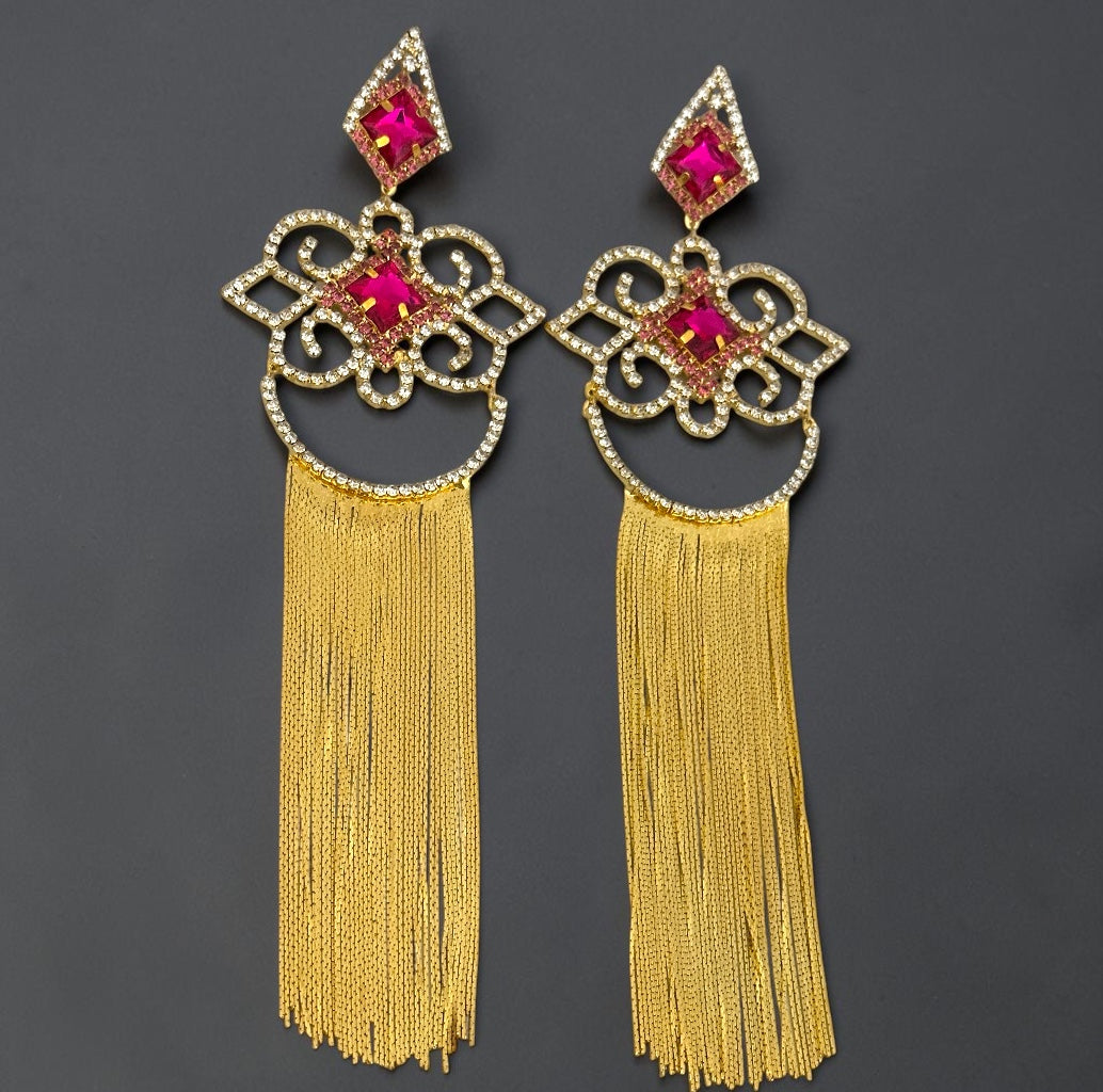Fuchsia Crystal Tassel Statement Earrings - Fatisha Boutique #