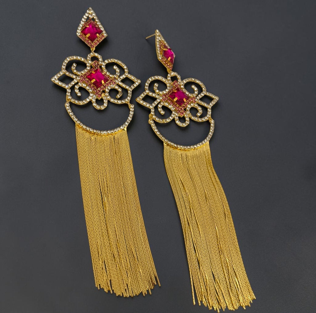 Fuchsia Crystal Tassel Statement Earrings - Fatisha Boutique # Fatisha Boutique