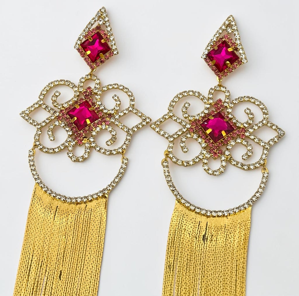 Fuchsia Crystal Tassel Statement Earrings - Fatisha Boutique # Fatisha Boutique