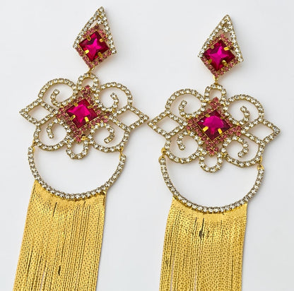 Fuchsia Crystal Tassel Statement Earrings - Fatisha Boutique #