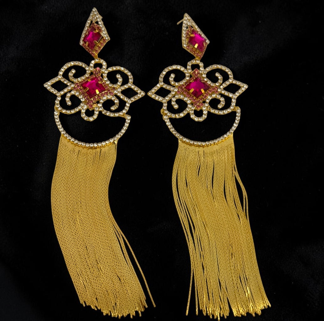 Fuchsia Crystal Tassel Statement Earrings - Fatisha Boutique # Fatisha Boutique