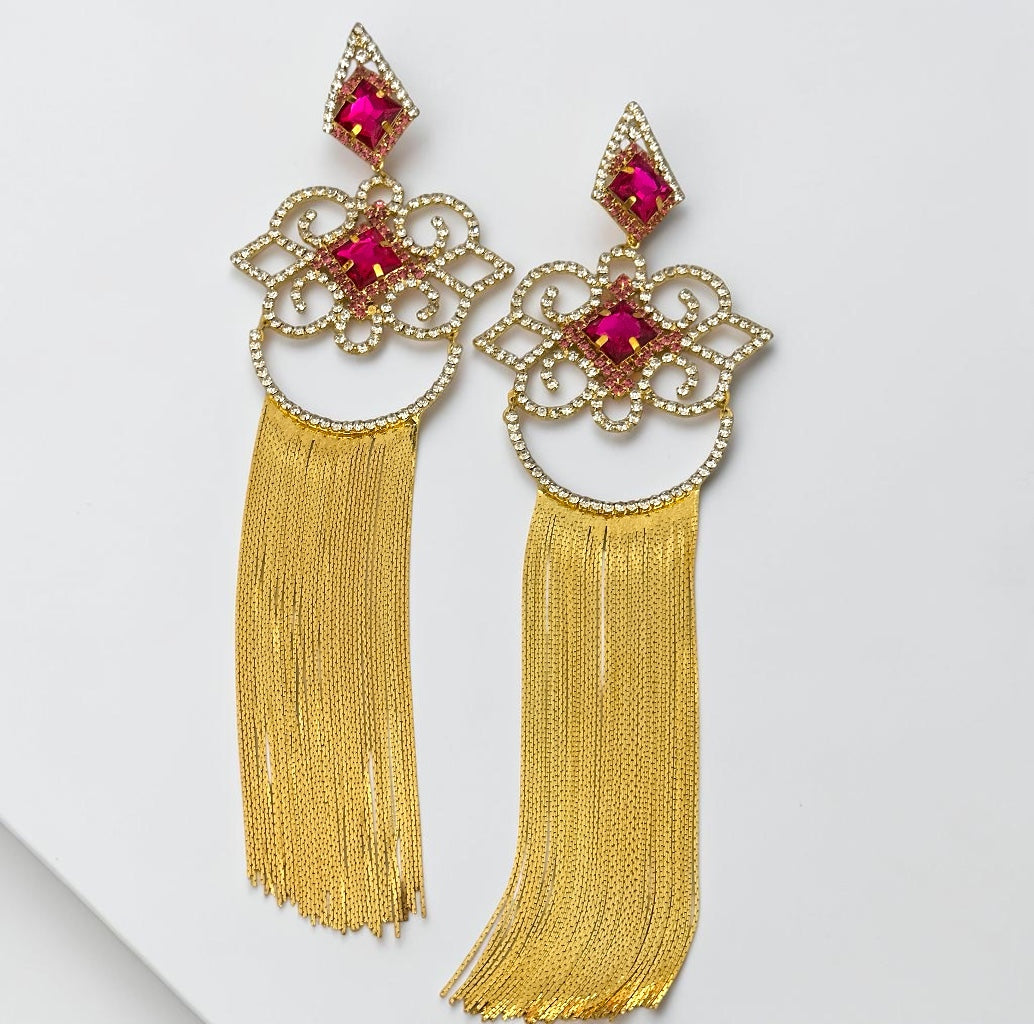 Fuchsia Crystal Tassel Statement Earrings - Fatisha Boutique #