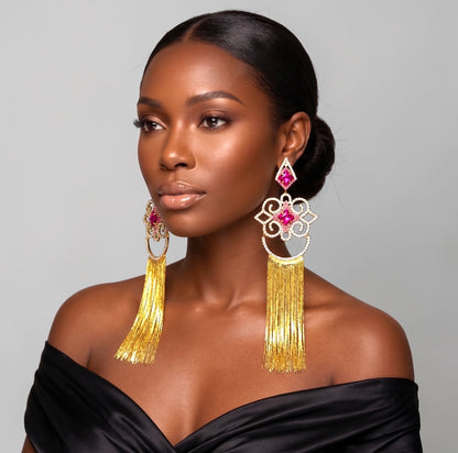 Fuchsia Crystal Tassel Statement Earrings - Fatisha Boutique #
