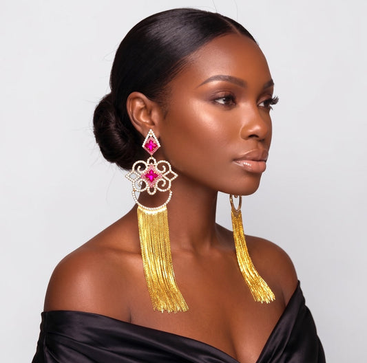 Fuchsia Crystal Tassel Statement Earrings - Fatisha Boutique #