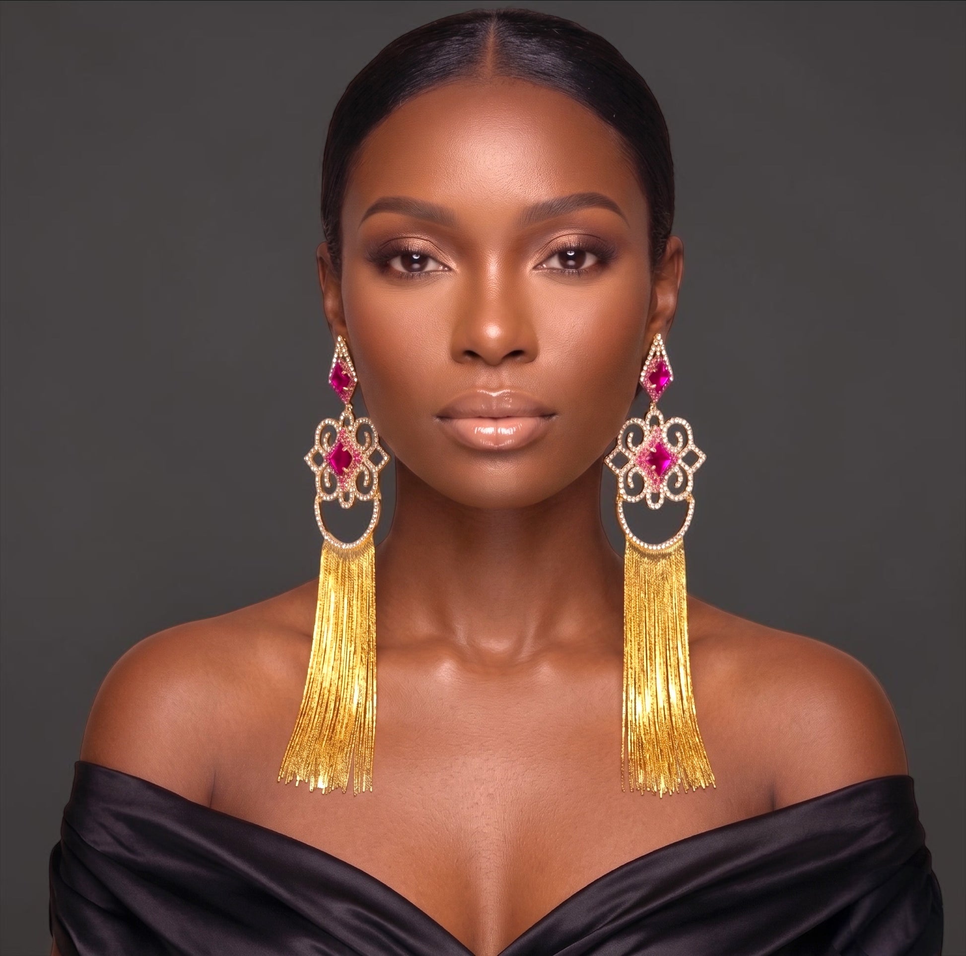 Fuchsia Crystal Tassel Statement Earrings - Fatisha Boutique #