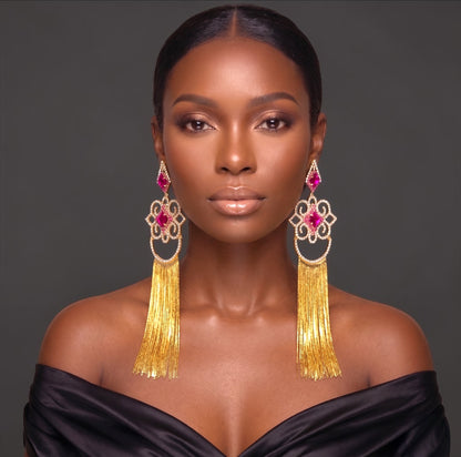 Fuchsia Crystal Tassel Statement Earrings - Fatisha Boutique #