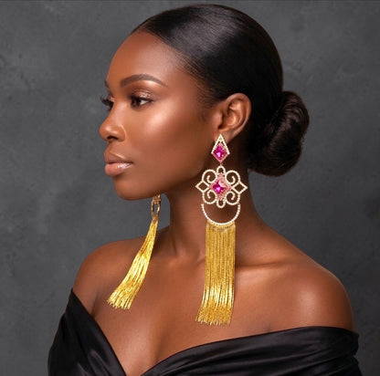 Fuchsia Crystal Tassel Statement Earrings - Fatisha Boutique #