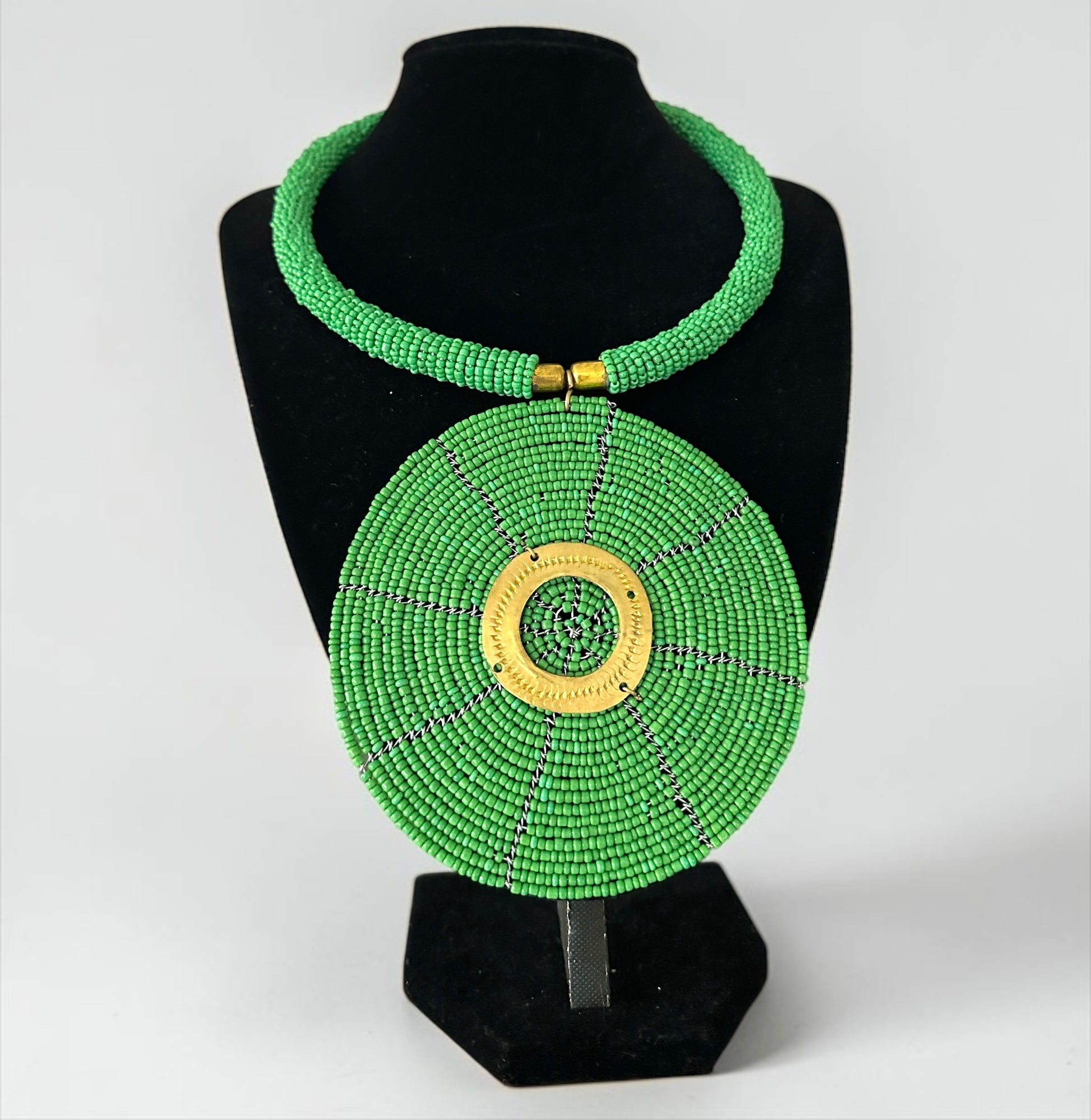 Authentic African Handmade Green Beaded Disc Pendant Necklace - Fatisha Boutique #