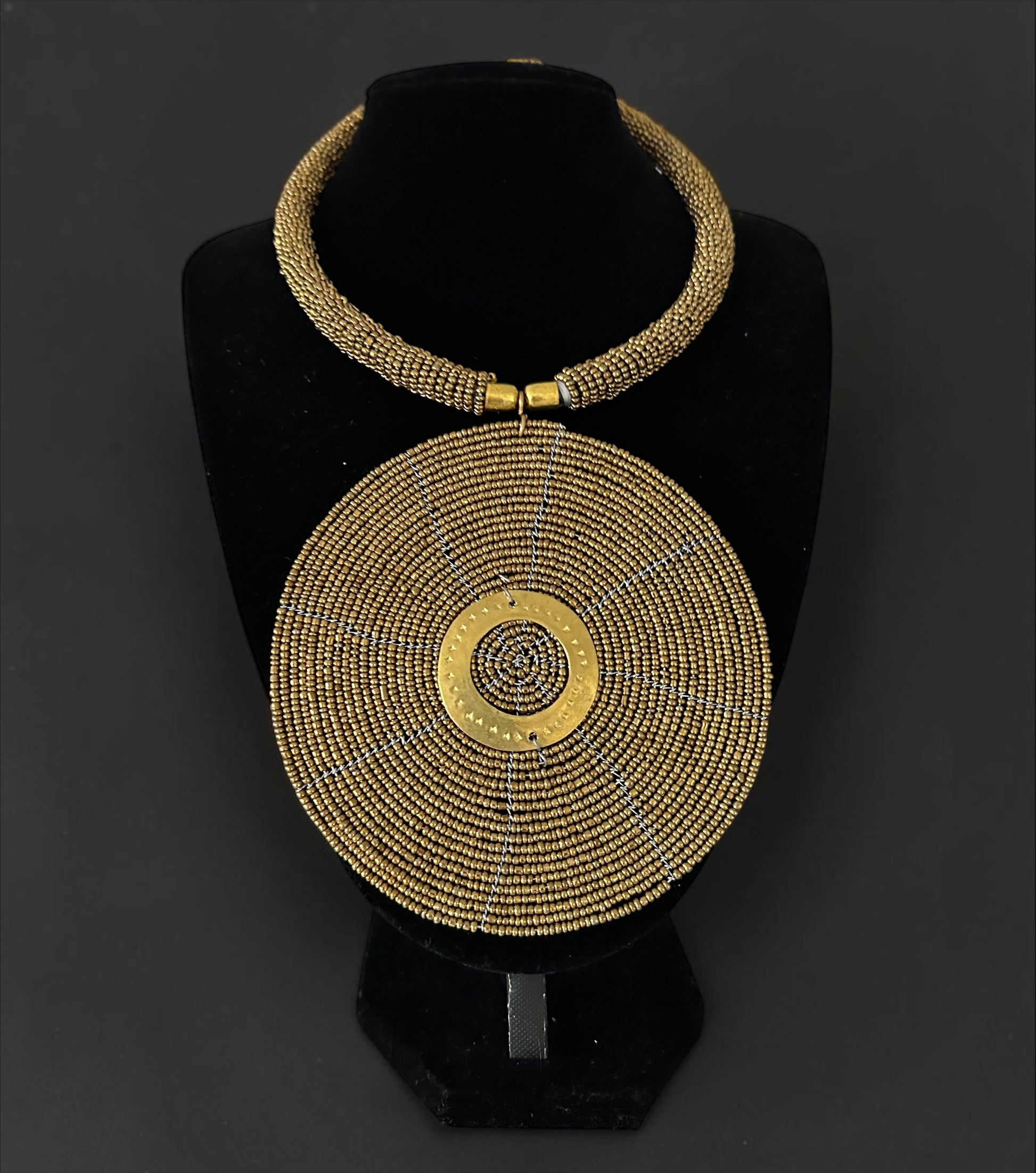 Authentic African Handmade Gold Beaded Disc Pendant Necklace - Fatisha Boutique #