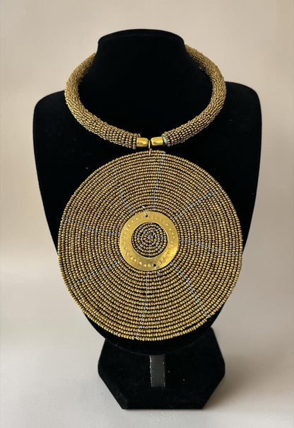 Authentic African Handmade Gold Beaded Disc Pendant Necklace - Fatisha Boutique #