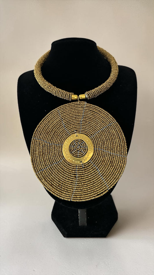 Authentic African Handmade Gold Beaded Disc Pendant Necklace - Fatisha Boutique #