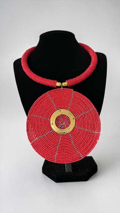 Authentic African Handmade Red Beaded Disc Pendant Necklace - Fatisha Boutique #