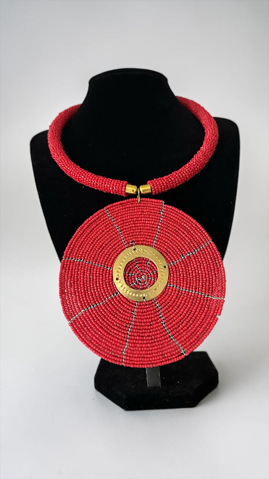 Authentic African Handmade Red Beaded Disc Pendant Necklace - Fatisha Boutique #