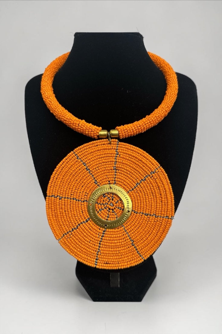 Authentic African Handmade Orange Beaded Disc Pendant Necklace - Fatisha Boutique #