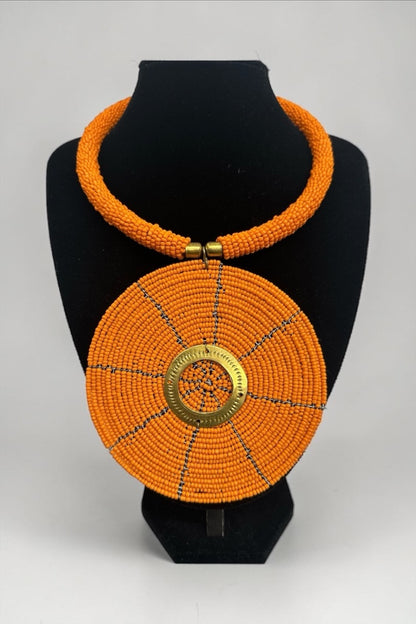 Authentic African Handmade Orange Beaded Disc Pendant Necklace - Fatisha Boutique #