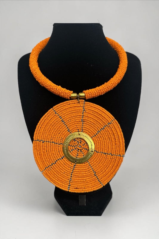 Authentic African Handmade Orange Beaded Disc Pendant Necklace - Fatisha Boutique #