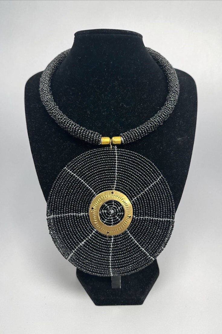 Authentic African Handmade Black Beaded Disc Pendant Necklac - Fatisha Boutique #