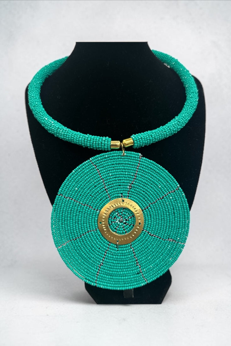Authentic African Handmade Turquoise Beaded Disc Pendant Necklace - Fatisha Boutique #