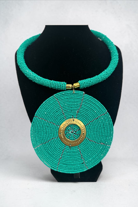Authentic African Handmade Turquoise Beaded Disc Pendant Necklace - Fatisha Boutique #
