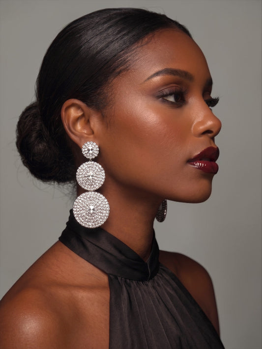 Long Triple Disc Rhinestone Earrings - Fatisha Boutique #