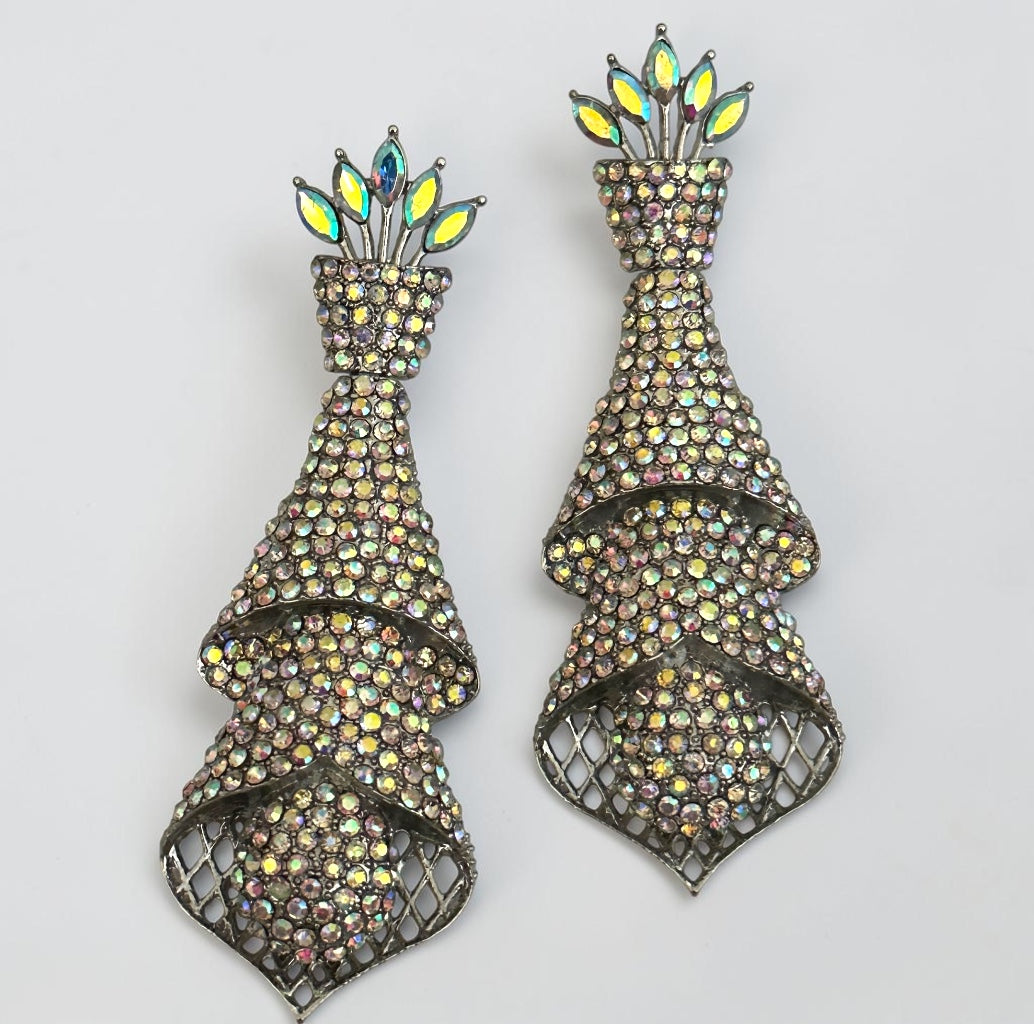 Silver AB Crystal Cascade Statement Earrings