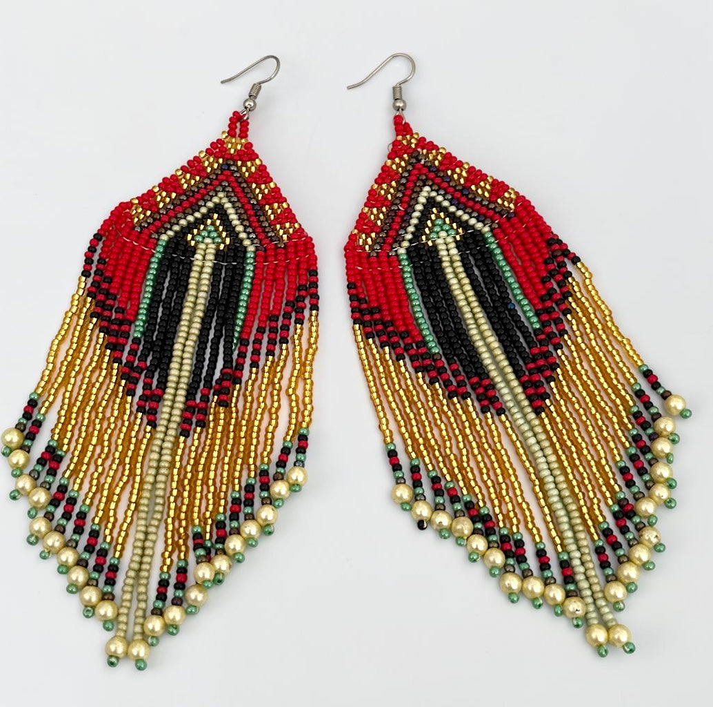Long Red & Gold African Beaded Statement Earrings