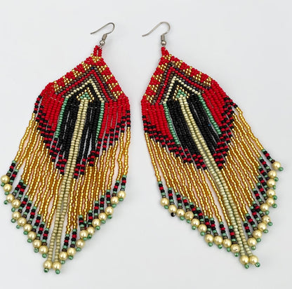 Long Red & Gold African Beaded Statement Earrings