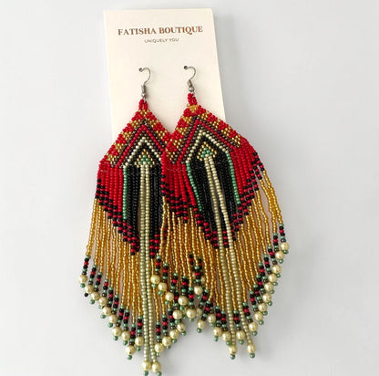Long Red & Gold African Beaded Statement Earrings