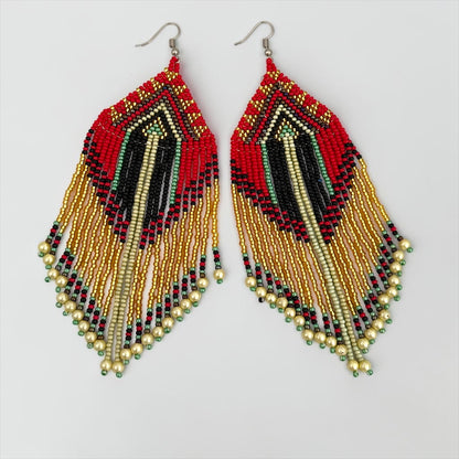 Long Red & Gold African Beaded Statement Earrings