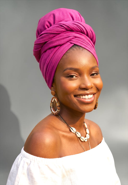 Fuchsia Long Stretch Jersey Headwrap – Soft Elastic Turban Head Wrap Scarf for Protective Styling & Fashion Look