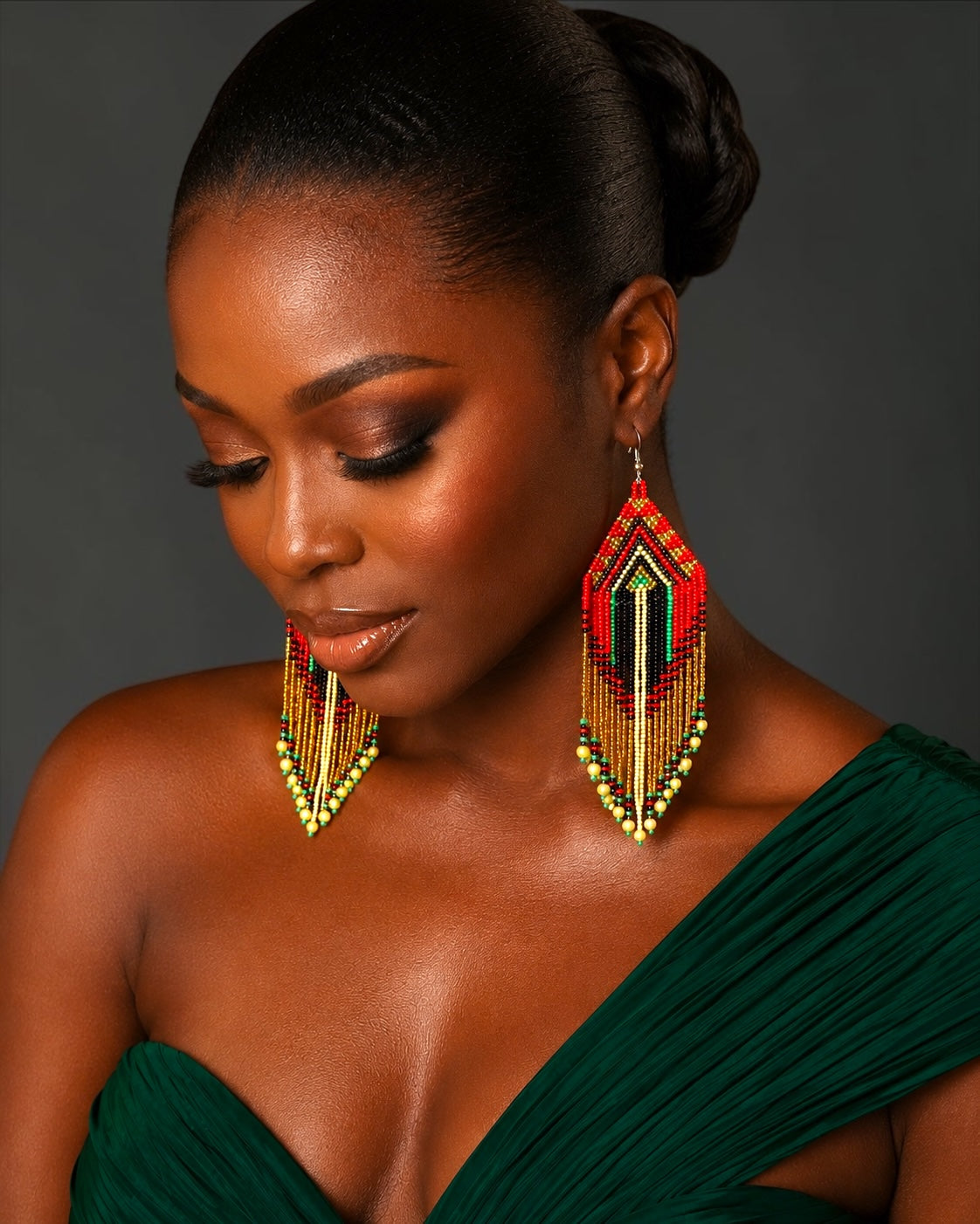 Long Red & Gold African Beaded Statement Earrings