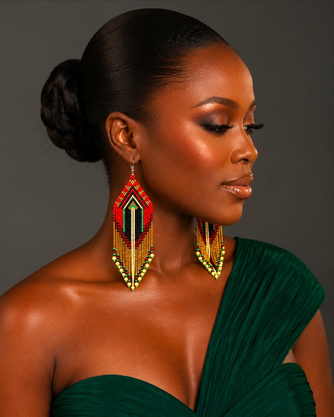 Long Red & Gold African Beaded Statement Earrings