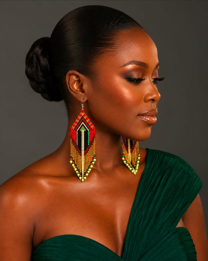 Long Red & Gold African Beaded Statement Earrings