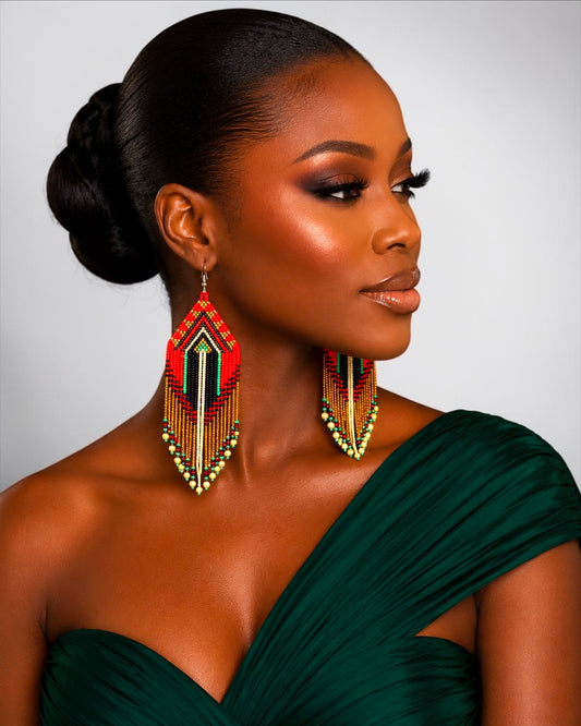 Long Red & Gold African Beaded Statement Earrings