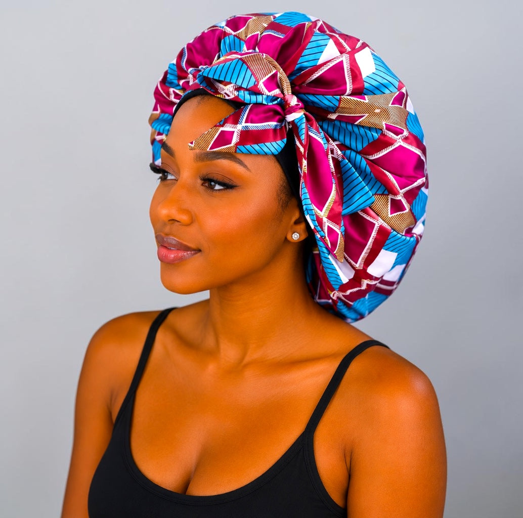 Ankara Print Single Layer Satin Silk Bonnet with Long Tie - Fatisha Boutique #