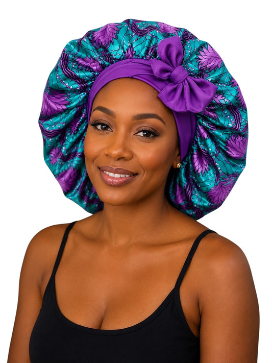 Ankara Print Satin Silk Bonnet Cap – Long Wide Tie | Single Layer | Hair Protection Night Cap - Fatisha Boutique #