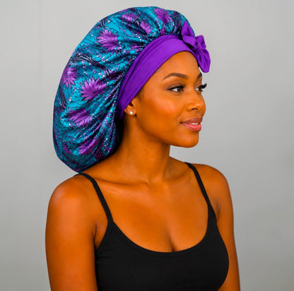 Ankara Print Satin Silk Bonnet Cap – Long Wide Tie | Single Layer | Hair Protection Night Cap - Fatisha Boutique #