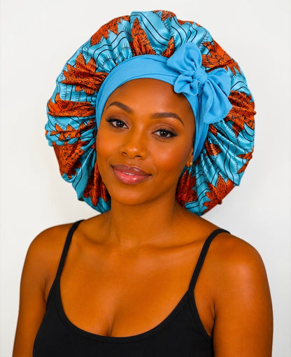Ankara Print Satin Silk Bonnet Cap – Long Wide Tie | Single Layer | Hair Protection Night Cap - Fatisha Boutique #
