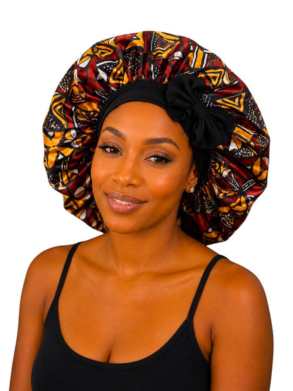 Ankara Print Satin Silk Bonnet Cap – Long Wide Tie | Single Layer | Hair Protection Night Cap - Fatisha Boutique #
