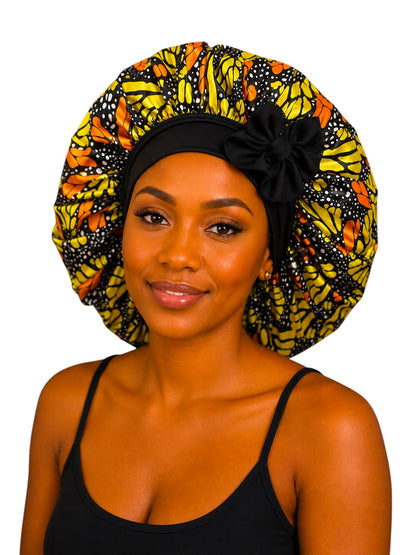 Ankara Print Satin Silk Bonnet Cap – Long Wide Tie | Single Layer | Hair Protection Night Cap - Fatisha Boutique #
