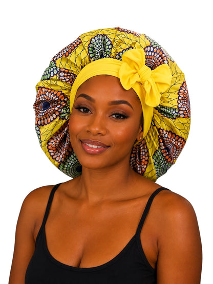 Ankara Print Satin Silk Bonnet Cap – Long Wide Tie | Single Layer | Hair Protection Night Cap - Fatisha Boutique #