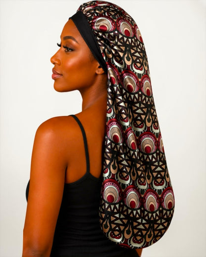 Long Ankara Print Double Layer Satin Silk Bonnet - Fatisha Boutique #