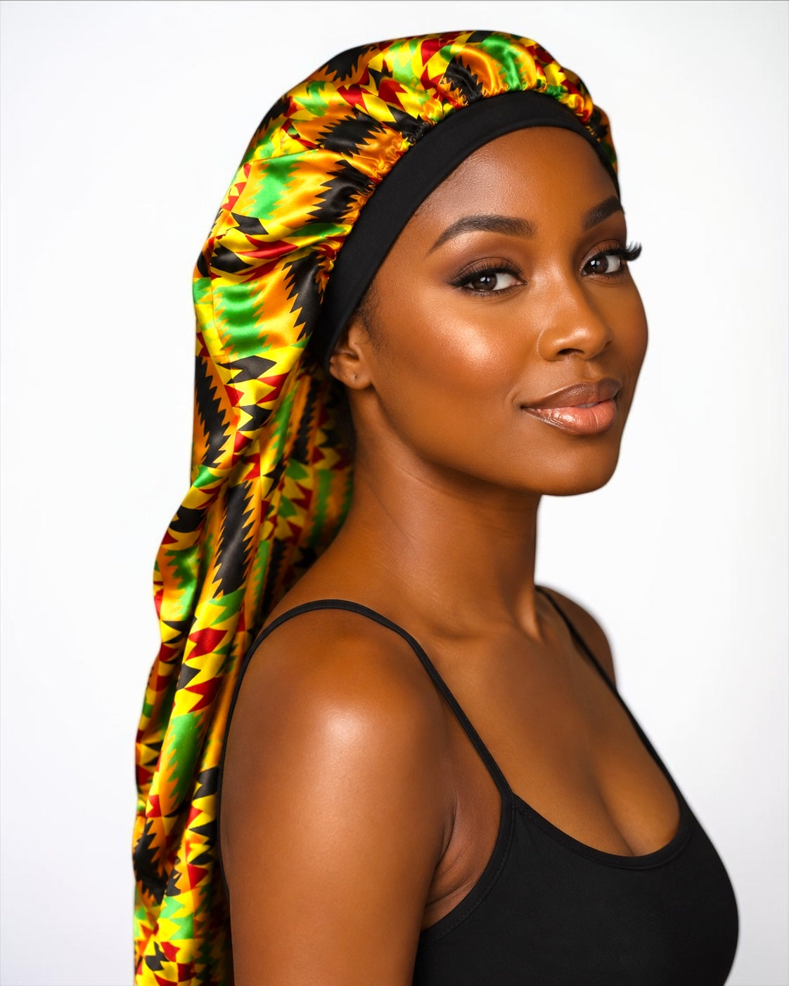 Long Ankara Print Double Layer Satin Silk Bonnet - Fatisha Boutique #