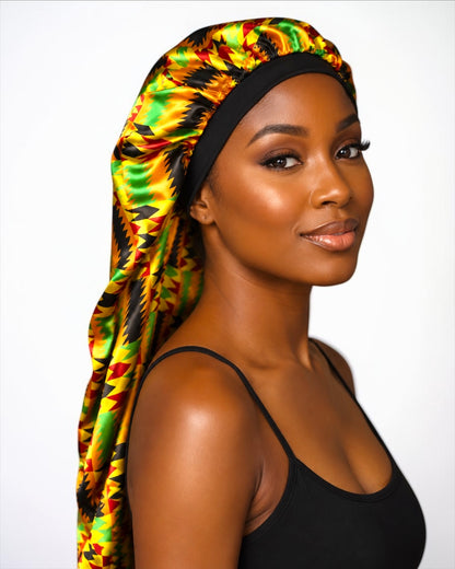 Long Ankara Print Double Layer Satin Silk Bonnet - Fatisha Boutique #