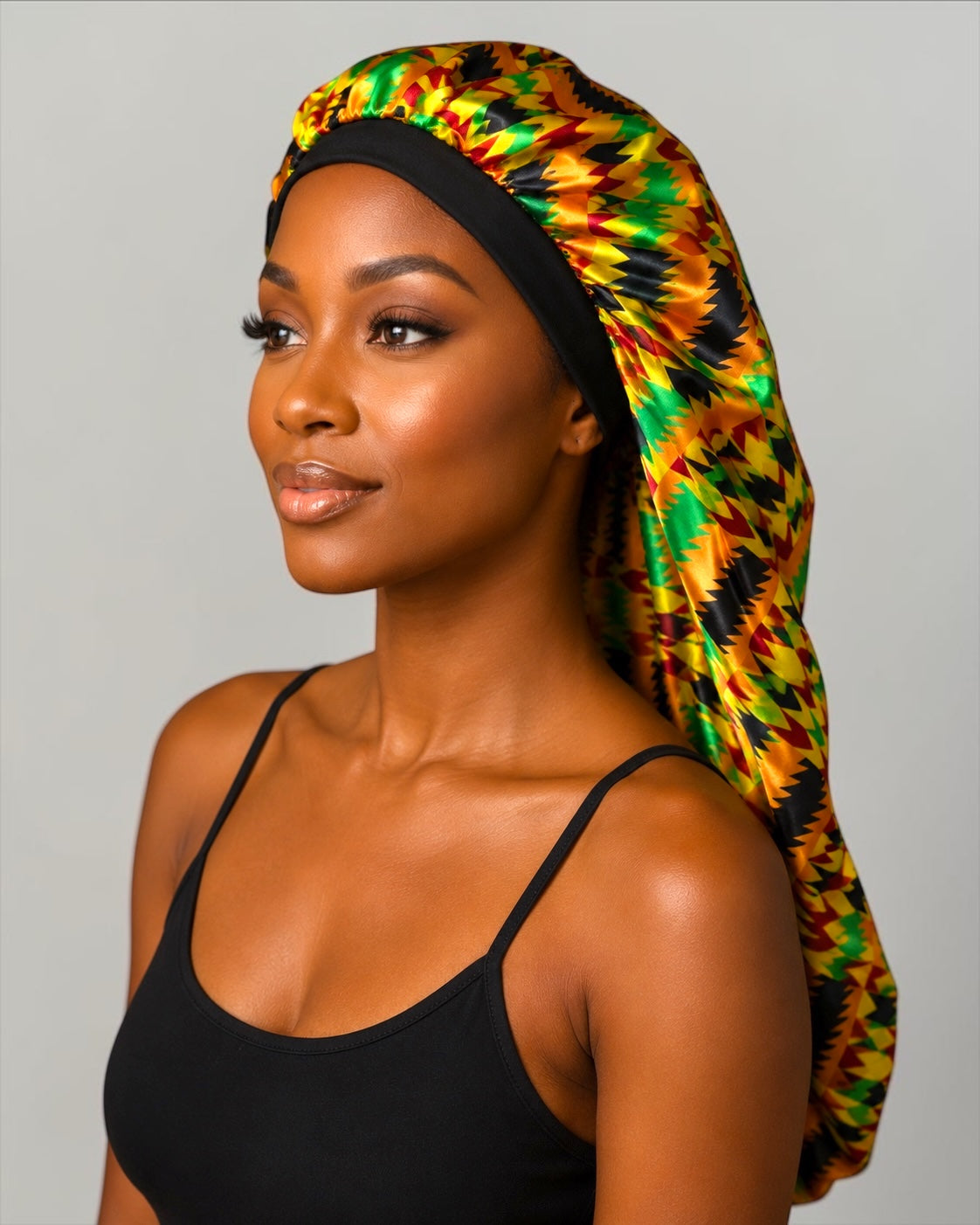 Long Ankara Print Double Layer Satin Silk Bonnet - Fatisha Boutique #