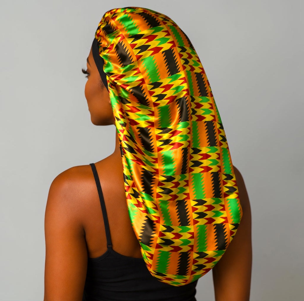 Long Ankara Print Double Layer Satin Silk Bonnet - Fatisha Boutique #