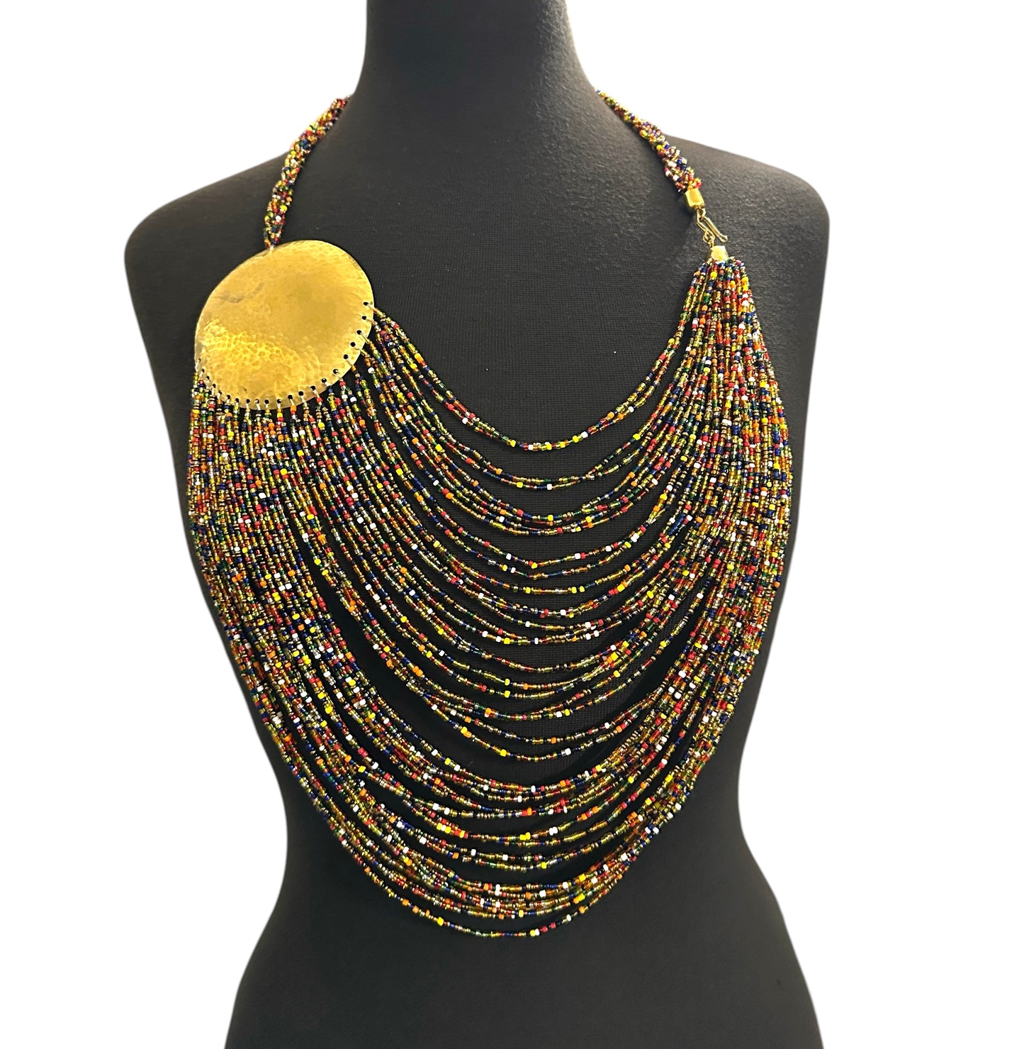 African Tribal Beaded Statement Necklace – Multicolour Layered Brass Necklace - Fatisha Boutique #
