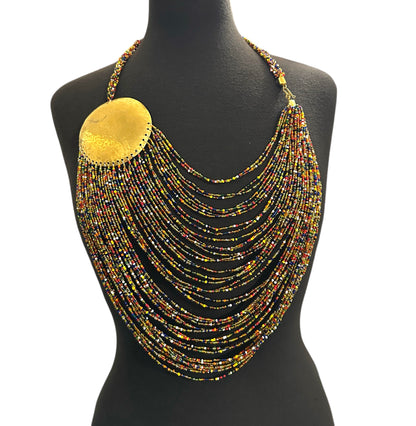 African Tribal Beaded Statement Necklace – Multicolour Layered Brass Necklace - Fatisha Boutique #