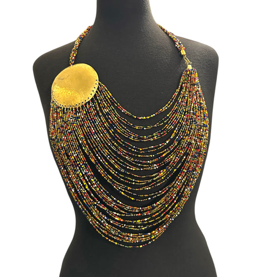 African Tribal Beaded Statement Necklace – Multicolour Layered Brass Necklace - Fatisha Boutique #